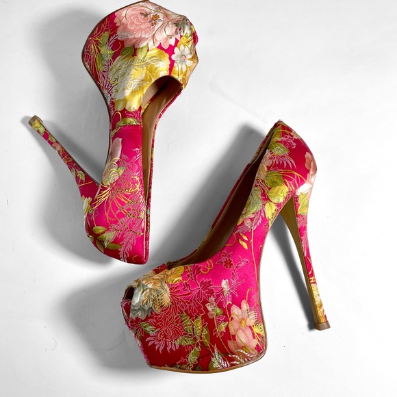 Y2K Floral Tapestry Chinoiserie Platform Stiletto Stripper Heels. 8 - Picture 5 of 6